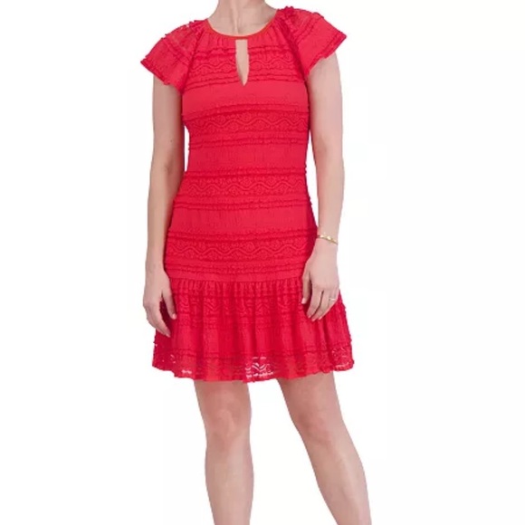 Jessica Howard Red Lace Short Sleeve Keyhole A-Line Dress Size 14 NEW - Picture 1 of 14